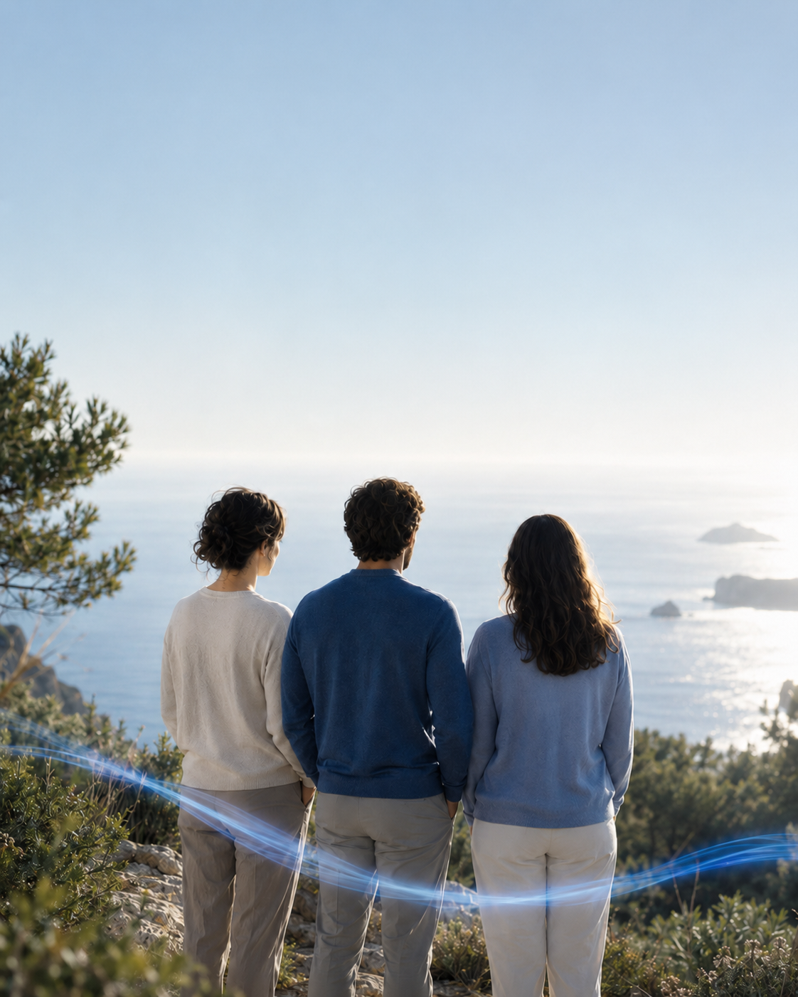 Tre persone viste di spalle su un promontorio davanti al mare, con sopra una rappresentazione stilizzata dei polmoni formata da particelle luminose. Immagine generata con intelligenza artificiale, a scopo esclusivamente illustrativo.