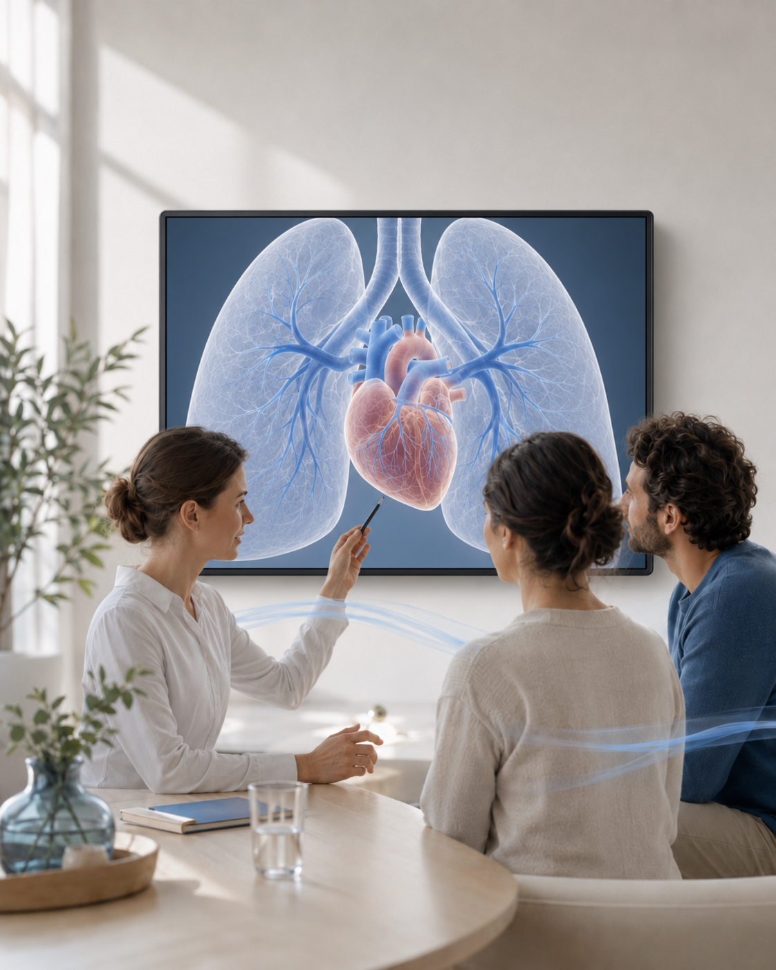Illustrazione medica stilizzata di polmoni e cuore con i vasi sanguigni evidenziati in blu, su sfondo chiaro, a rappresentare il tema «Che cos'è la PAH».