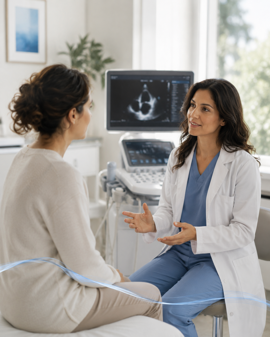 Una paziente e una medica sedute in uno studio clinico, in dialogo, con un ecografo e uno schermo con immagini diagnostiche sullo sfondo. Immagine generata con intelligenza artificiale, a scopo esclusivamente illustrativo.