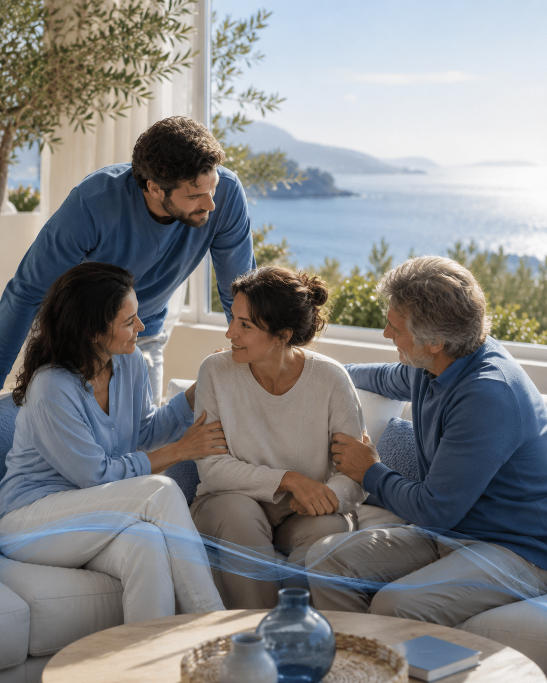 Un gruppo di quattro persone sedute e in piedi in un soggiorno luminoso con vista sul mare, in un momento di vicinanza e conversazione, a rappresentare il tema della vita con la PAH. Immagine generata con intelligenza artificiale, a scopo esclusivamente illustrativo.