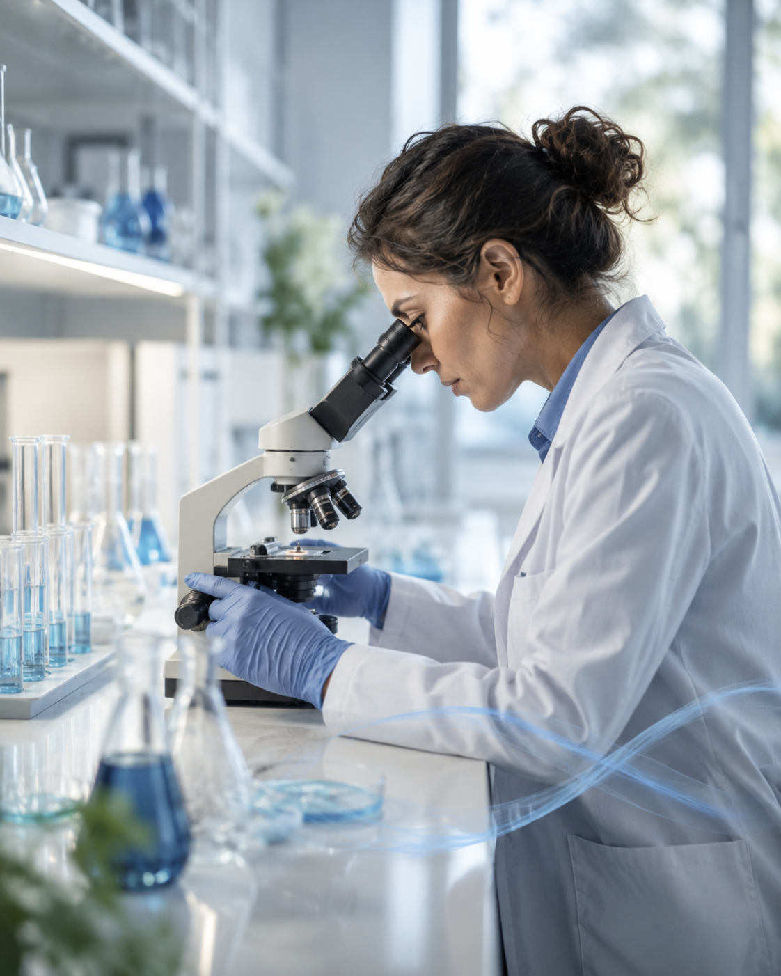 Ricercatrice in camice bianco al microscopio in laboratorio, circondata da provette e boccette, a rappresentare il tema della ricerca. Immagine generata con intelligenza artificiale, a scopo esclusivamente illustrativo.