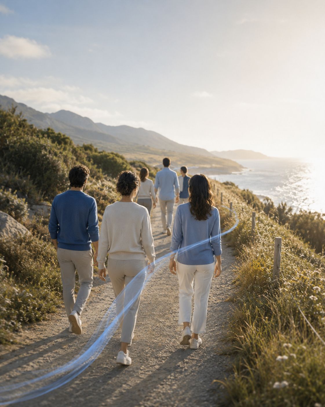 Gruppo di cinque persone viste di spalle che camminano insieme lungo un sentiero costiero, con una linea blu luminosa che segna il percorso. Immagine generata con intelligenza artificiale, a scopo esclusivamente illustrativo.